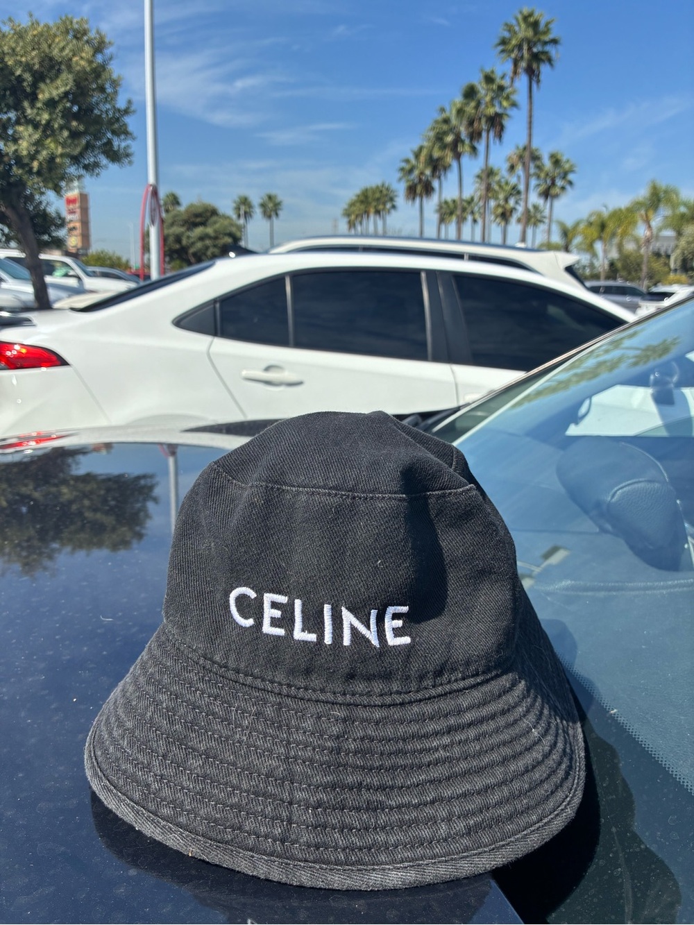 Celine Black Bucket Hat with White Embroidered Logo